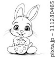 Easter Bunny with Easter egg. Black and white vector illustration for coloring book 111280465