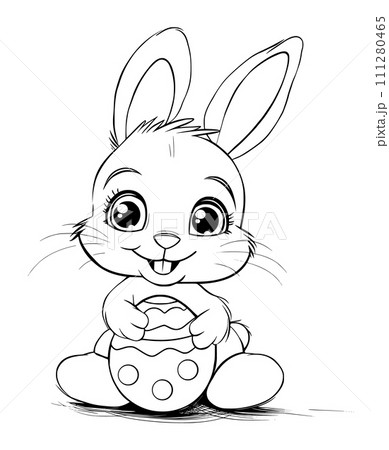 Easter Bunny with Easter egg. Black and white vector illustration for coloring book 111280465