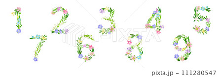 Flower Number with Blooming Meadow Flora Vector Set 111280547