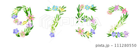 Flower Number with Blooming Meadow Flora Vector Set 111280550