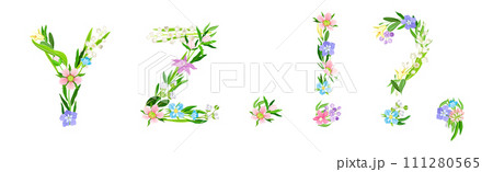 Flower Alphabet with Blooming Meadow Flora Uppercase Letter Vector Set 111280565