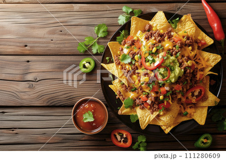 Mexican nachos with beef, guacamole, cheese sauce, peppers, tomato and onion in plate on wooden table. Top view. Copy space 111280609