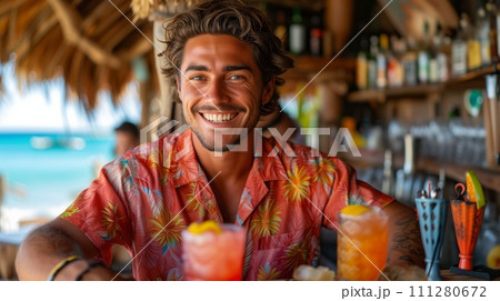 A cheerful bartender wearing a bright red Hawaiian shirt, working at a bustling beach bar. 111280672