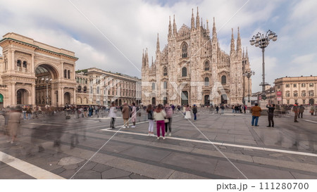Panorama showing Milan Cathedral and Vittorio Emanuele gallery timelapse. Panorama showing Milan Cathedral and Vittorio Emanuele gallery timelapse. 111280700