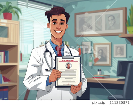A cheerful male doctor in a white lab coat with a stethoscope around his neck, holding up a certificate with a red seal, implying a sense of achievement or accreditation. 111280871