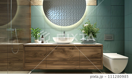 AI-generated content. Bright bathroom with green subway tiles and white sink close-up on a wooden countertop. Interior design, cozy lifestyle 111280985