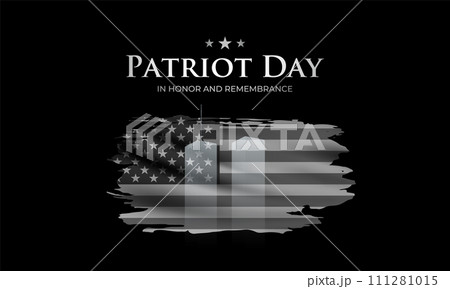 Patriot Day. Silhouettes of Twin Towers on the background of black and white US flag. 111281015