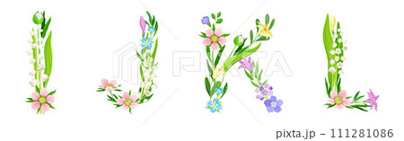 Flower Alphabet with Blooming Meadow Flora Uppercase Letter Vector Set 111281086