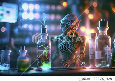 Humanoid alien working in research laboratory, ai illustration Humanoid alien working in research laboratory, ai illustration 111281429