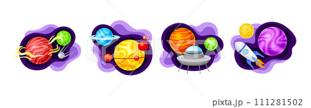 Cosmos with Celestial Body and Flying Spaceship on Fluid Purple Shape Vector Composition Set Cosmos with Celestial Body and Flying Spaceship on Fluid Purple Shape Vector Composition Set 111281502