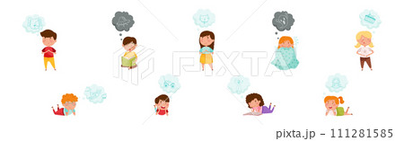 Cute Kid Imagining Object in Dream Bubble or Cloud Vector Set Cute Kid Imagining Object in Dream Bubble or Cloud Vector Set 111281585