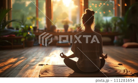 A person practicing yoga in their serene home studio, finding inner peace A person practicing yoga in their serene home studio, finding inner peace 111281654