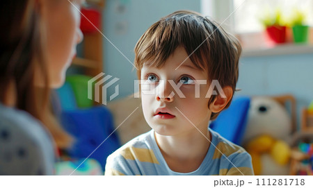 Speech development classes with speech therapist. Retarded children with autism. Generated AI 111281718