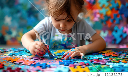 Therapy of autism syndrome with the help of drawing. Generated AI. 111281724