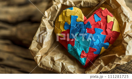 A colorful Heart with papier mache puzzles wrapped in kraft paper. Generated AI 111281725