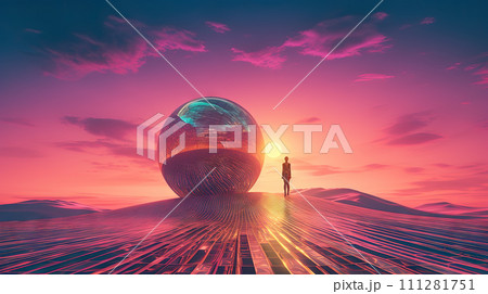 Surreal vaporwave scene with golden ball on the landscape with mountains and sea. 90s styled abstract surreal pink composition. Generated AI. Surreal vaporwave scene with golden ball on the landscape with mountains and sea. 90s styled abstract surreal pink composition. Generated AI. 111281751