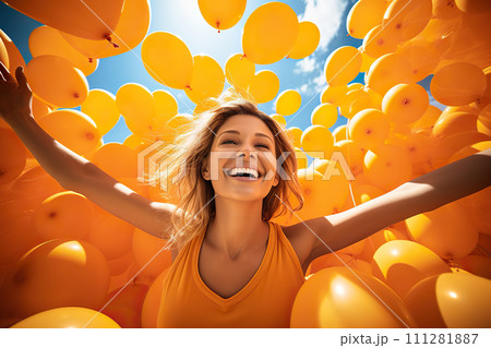 Skyward Bliss Joyful Woman Releasing Myriads of Orange Balloons in a Celebration of Pure Happiness. created with Generative AI 111281887