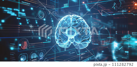 AI-generated content. Concept of neural science, brain computer AI interface, scan, brain neurology and neural network AI-generated content. Concept of neural science, brain computer AI interface, scan, brain neurology and neural network 111282792