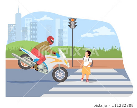 Traffic violation scene with little boy kid and motorcyclist Traffic violation scene with little boy kid and motorcyclist 111282889