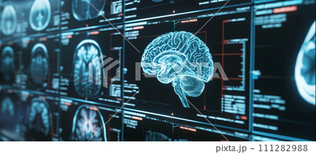 AI-generated content. Concept of neural science, brain computer AI interface, scan, brain neurology and neural network AI-generated content. Concept of neural science, brain computer AI interface, scan, brain neurology and neural network 111282988