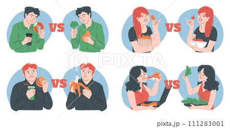 Choice between healthy and unhealthy food, banners set flat vector isolated. 111283001