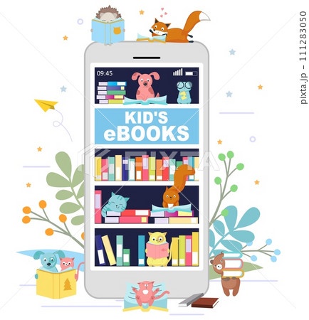 Cute kids animals characters enjoying reading via ebook mobile application 111283050