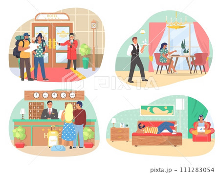 Guests and clients, staff professional service in hotel scene set 111283054