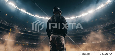AI-generated content. Black star athlete pitcher standing with the bat in the middle of the full stadium AI-generated content. Black star athlete pitcher standing with the bat in the middle of the full stadium 111283072