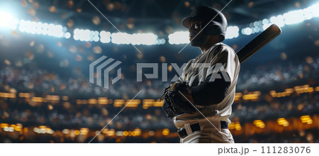 AI-generated content. Black star athlete pitcher standing with the bat in the middle of the full stadium 111283076