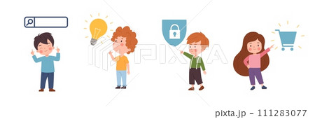 Children pointing fingers to icons. 111283077