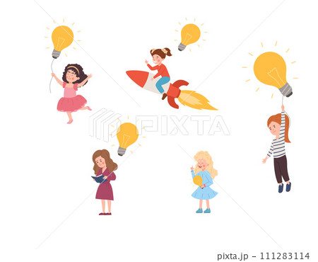 Set of happy child girls with good ideas flat style, vector illustration 111283114