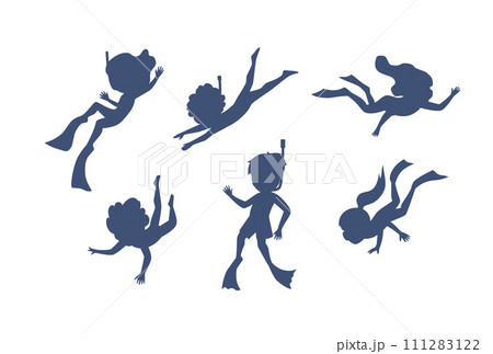 Silhouettes, snorkeling children, set of vector illustrations on white Silhouettes, snorkeling children, set of vector illustrations on white 111283122