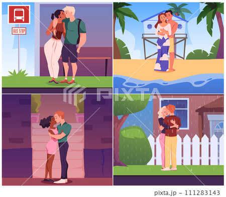 Set of kissing couples in different locations flat style Set of kissing couples in different locations flat style 111283143