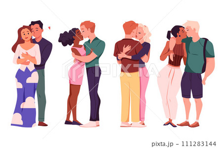 Happy multinational beloved couple hugging and kissing vector illustrations set, romantic love relationship, sweethearts Happy multinational beloved couple hugging and kissing vector illustrations set, romantic love relationship, sweethearts 111283144