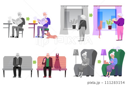 Lonely elderly people with dog or cat, happy grandparent having good time with pet and monochrome sad alone vector set Lonely elderly people with dog or cat, happy grandparent having good time with pet and monochrome sad alone vector set 111283154