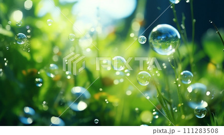 【AI生成画像・AIイラスト】シャボン玉と草花【ピンボケとクローズアップ】 111283508
