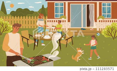 Happy family enjoying bbq party at cottage house backyard 111283571