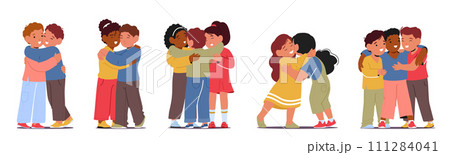 Innocent Giggles And Genuine Smiles, Kids Friends Embrace In A Warm Hug. Little Diverse Boy and Girl Characters 111284041