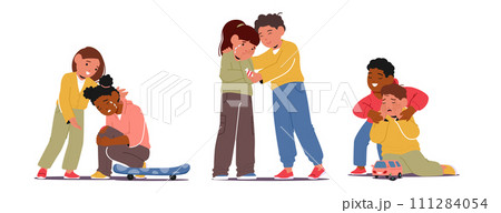 Tender Young Hearts Embrace, Offering Solace To A Tearful Friend. Gentle Whispers, Warm Hugs, And Reassuring Smiles 111284054