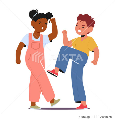 Furious Boy And Girl Clash, Hurling Heated Words And Exchanging Fiery Glares. Their Quarrel Escalates Into Fierce Battle 111284076