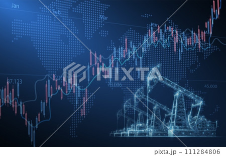 Digital screen showcasing financial chart graphs and oil pumps field. 111284806