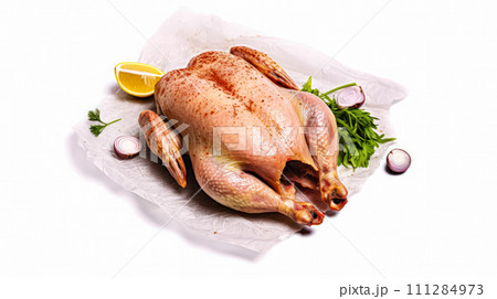 Marinated chicken, rich in spices and herbs, presented on parchment 111284973