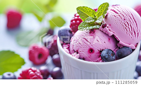 AI-generated content. Homemade ice cream with berry flavor, served in white bowls decorated with fresh mint leaves, berries, light background 111285059