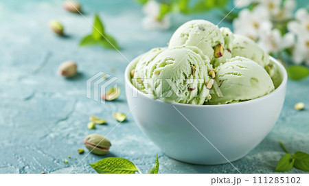 AI-generated content. Homemade pistachio ice cream served in white bowl on light kitchen table. Summer fashionable healthy cooling desserts AI-generated content. Homemade pistachio ice cream served in white bowl on light kitchen table. Summer fashionable healthy cooling desserts 111285102