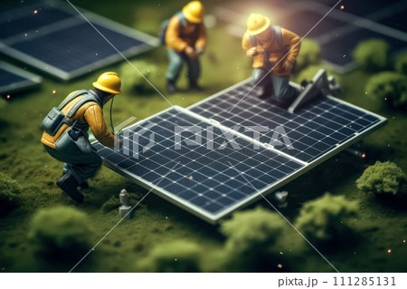 Miniature workers near solar panels Miniature workers near solar panels 111285131