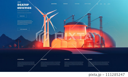 Flat style concept of an eco home private house with solar panels, wind turbines 111285247