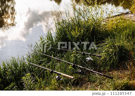 sunset fishing. fisher with spinning rod. Fisherman with rod, spinning reel on the river bank. Fishing for pike, perch, carp. wild nature. Article about fishing day. selective focus on fishing rod sunset fishing. fisher with spinning rod. Fisherman with rod, spinning reel on the river bank. Fishing for pike, perch, carp. wild nature. Article about fishing day. selective focus on fishing rod 111285547