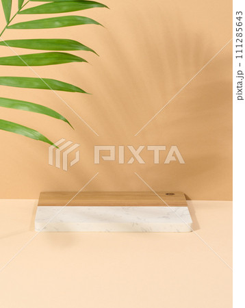 Wooden platform, shadow from a palm leaf on a brown background. 111285643