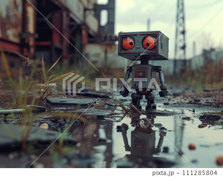 little robot with surprised eyes stands through an abandoned industrial area in a puddle little robot with surprised eyes stands through an abandoned industrial area in a puddle 111285804
