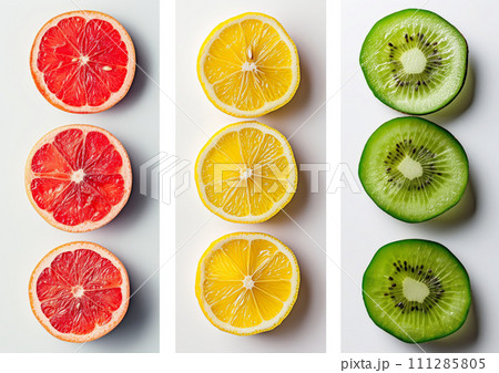 slices of fruit red grapefruit, yellow lemon and green kiwi 111285805